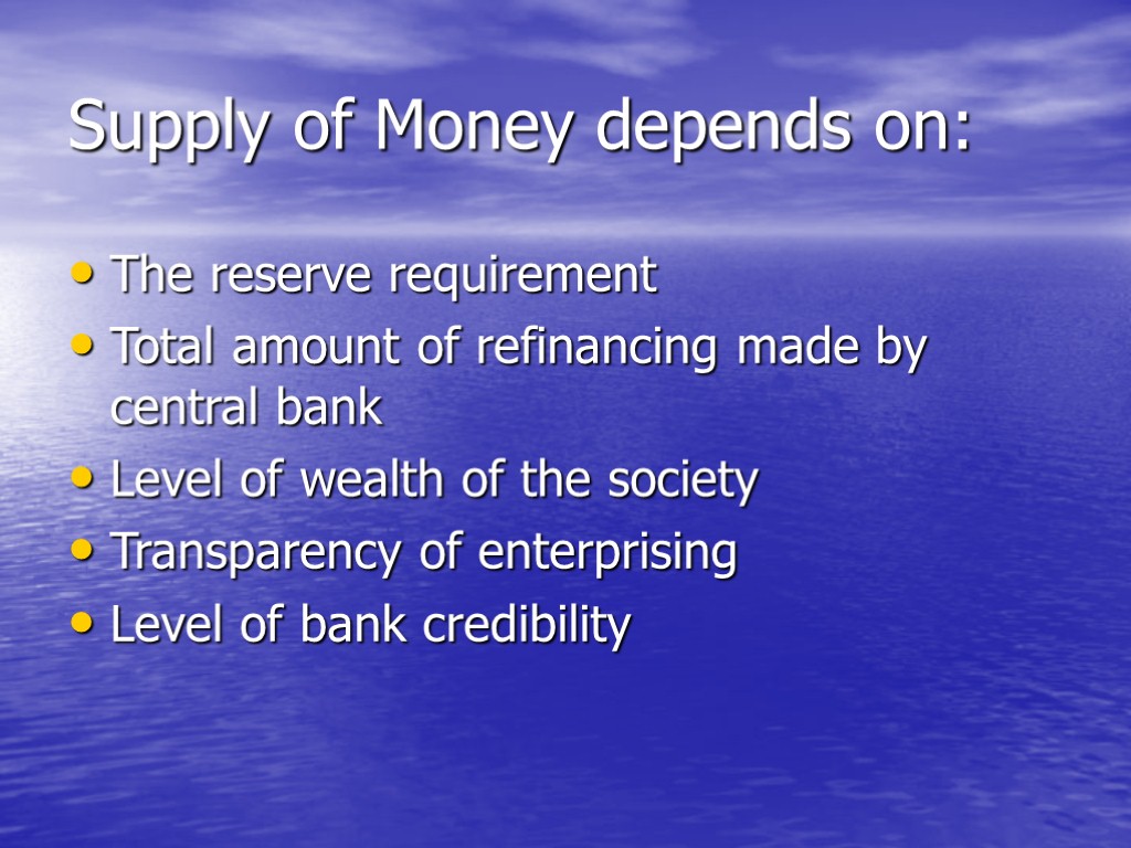 Supply of Money depends on: The reserve requirement Total amount of refinancing made by